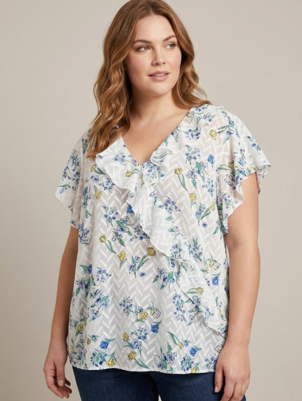 D/C Jeans White Sheer Floral Ruffle Blouse - Feminine & Flowy, Plus Size 3X